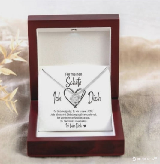 Drehende Liebesknoten Halskette mit edlem Mahagoni Design. Hervoragende Darstellung.